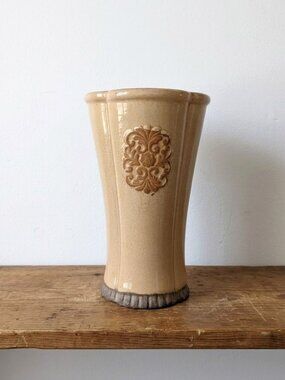 Tuscan Style Ceramic Medallion Vase Relief 12" Pottery Heavy Tan French Country